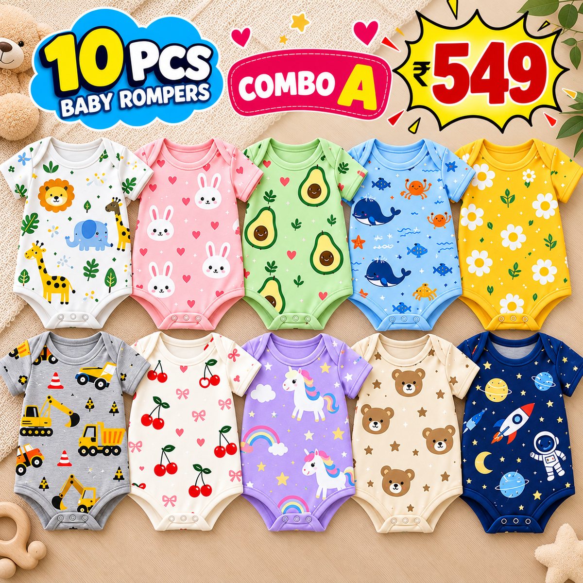 10 PCS BABY ROMPERS
