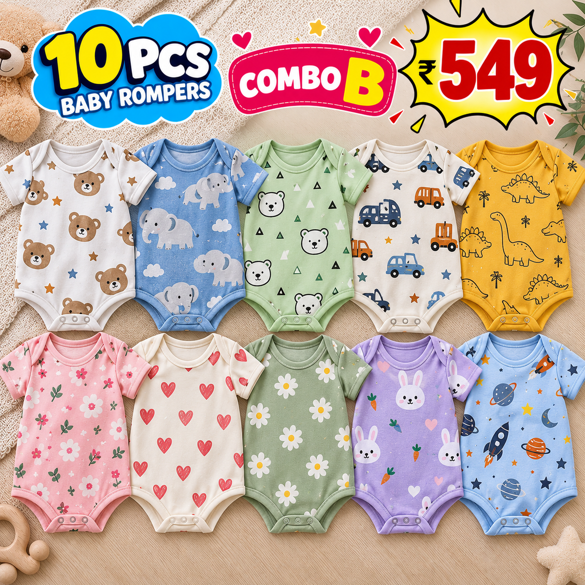 10 PCS BABY ROMPERS