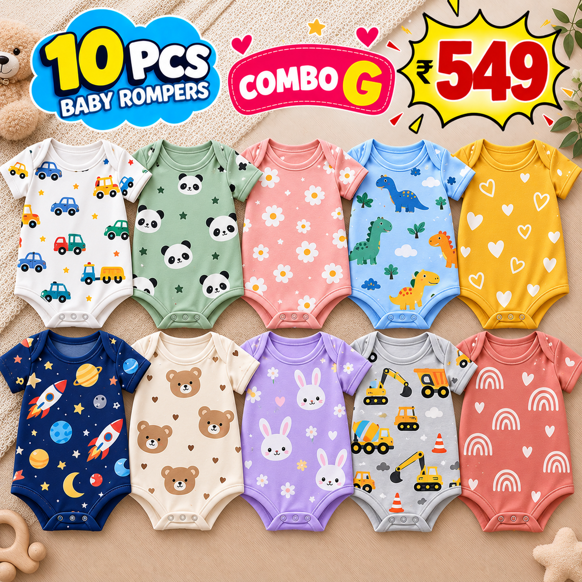 10 PCS BABY ROMPERS