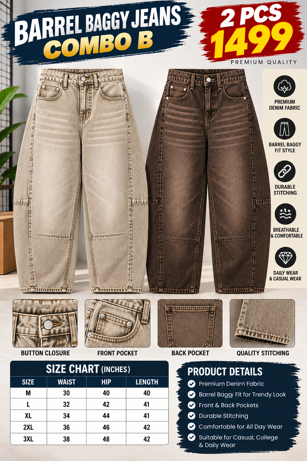 2 PCS BARREL BAGGY JEANS