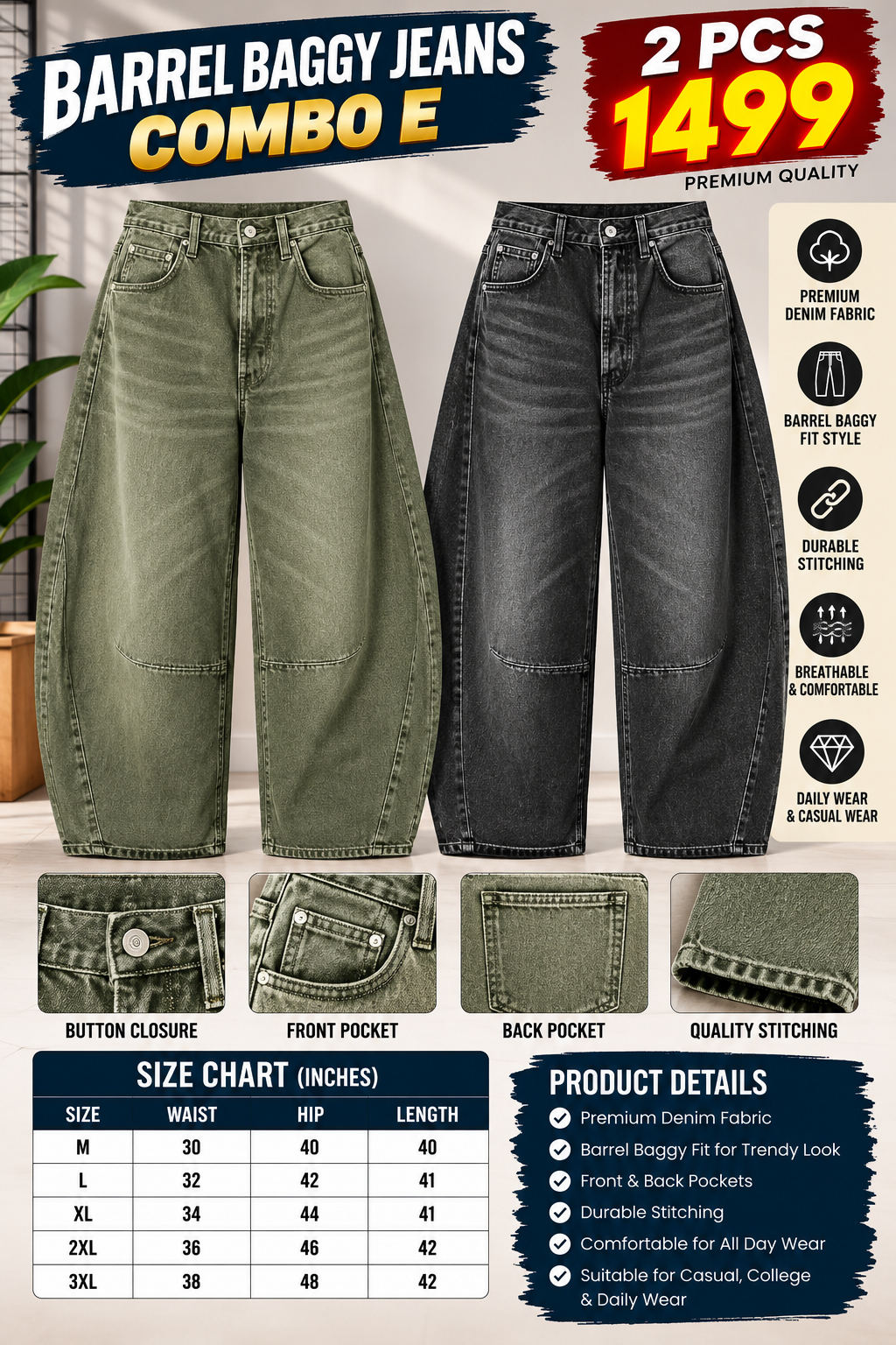 2 PCS BARREL BAGGY JEANS