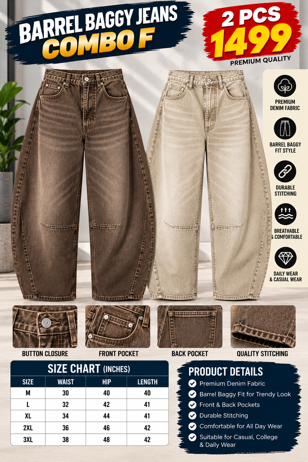 2 PCS BARREL BAGGY JEANS