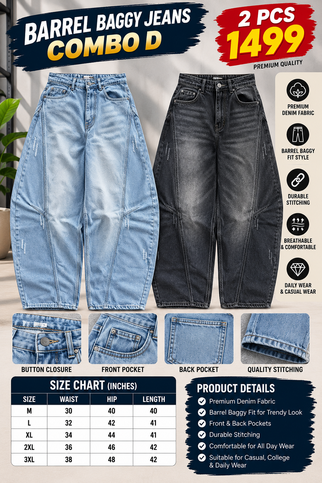 2 PCS BARREL BAGGY JEANS