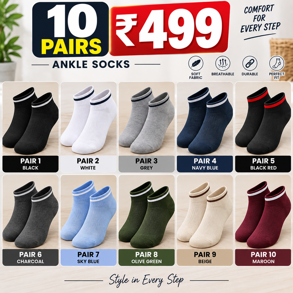 10 PAIRS ANKLE SOCKS