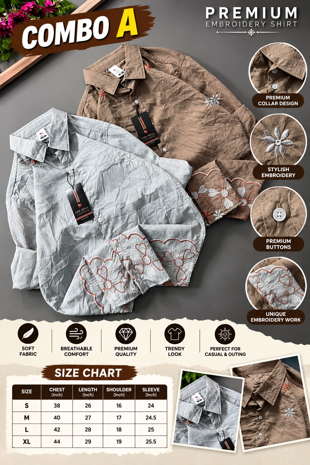 2 PCS  FLORAL CRINKLE EMBROIDERY SHIRT