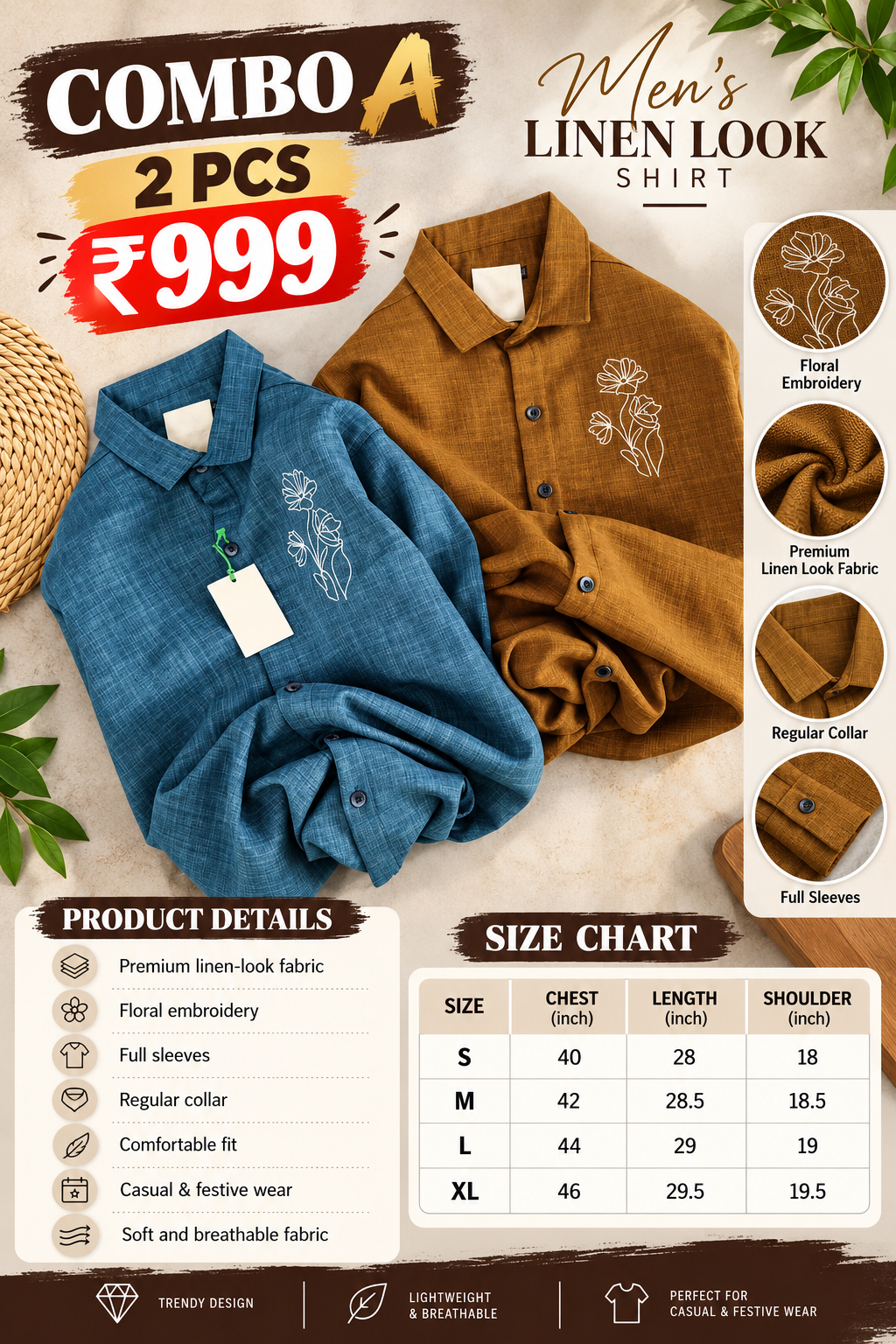 2 Pcs Men’s Embroidered Linen Shirt