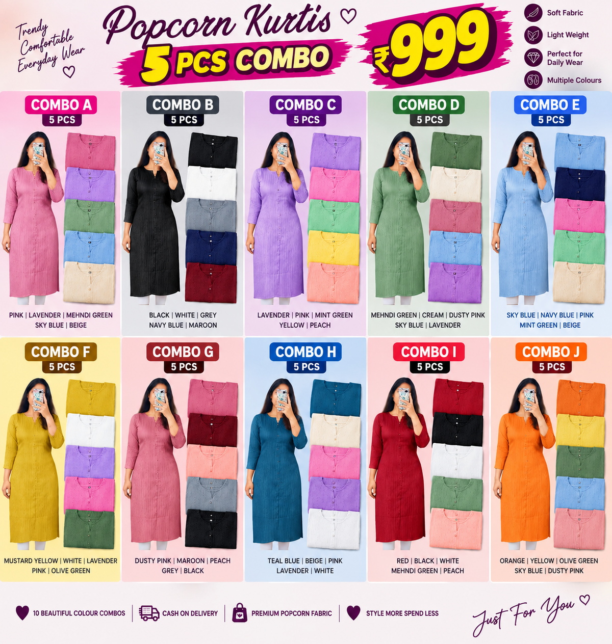 5 Pcs Popcorn Kurtis