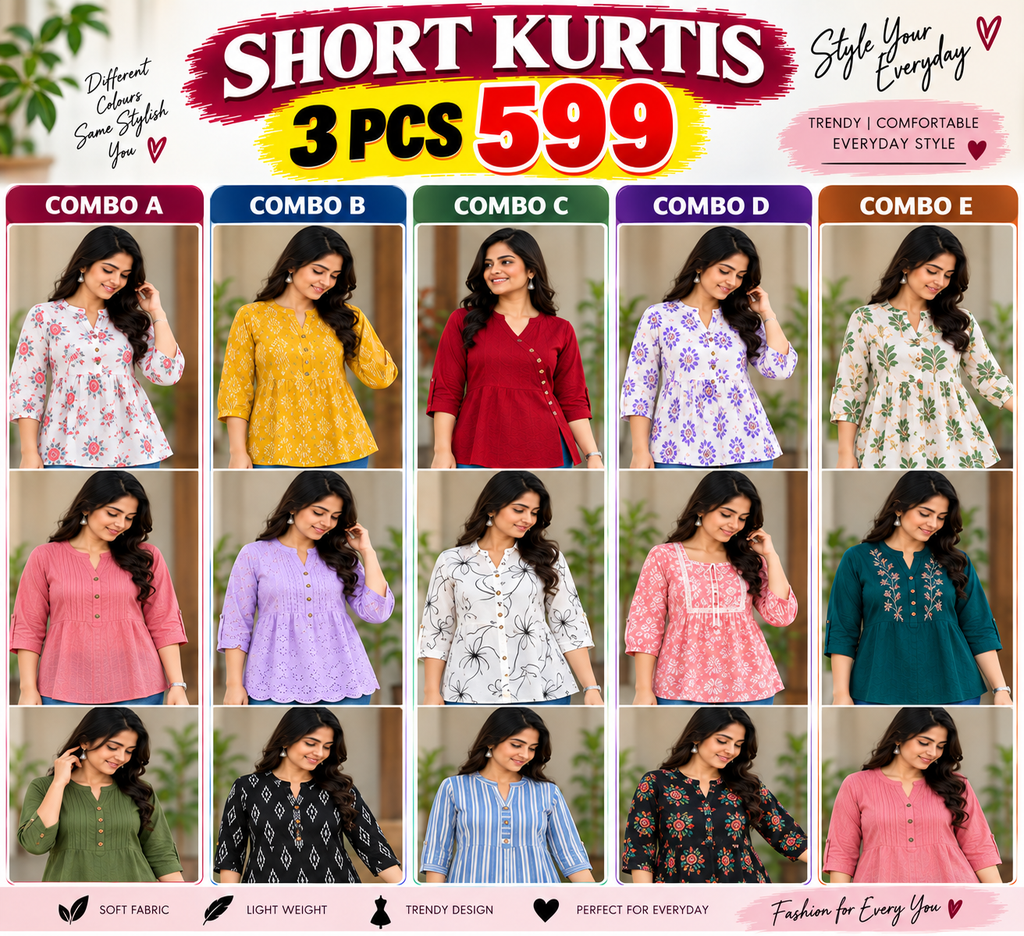 3 Pcs  Short Kurtis