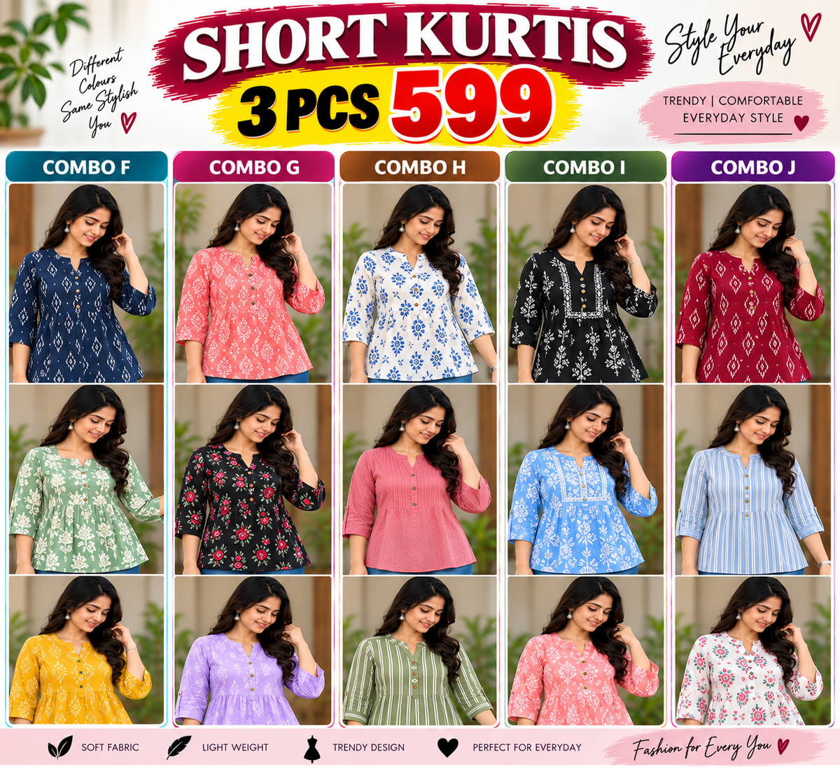 3 Pcs  Short Kurtis
