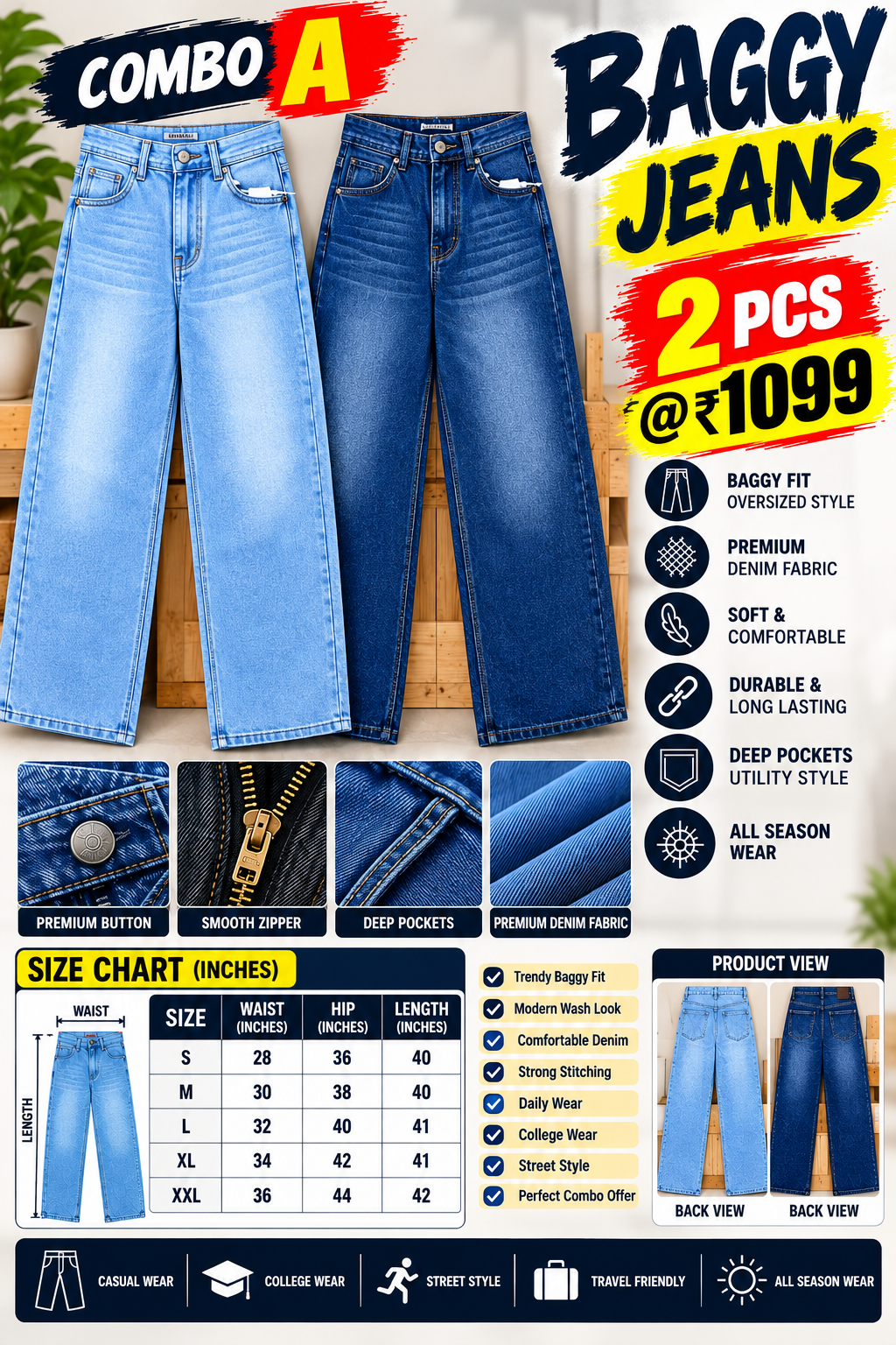 2 PCS  BAGGY JEANS