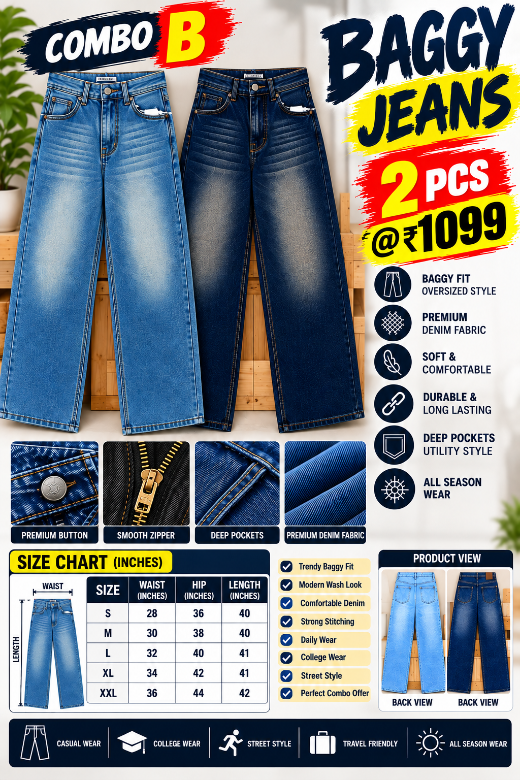 2 PCS  BAGGY JEANS