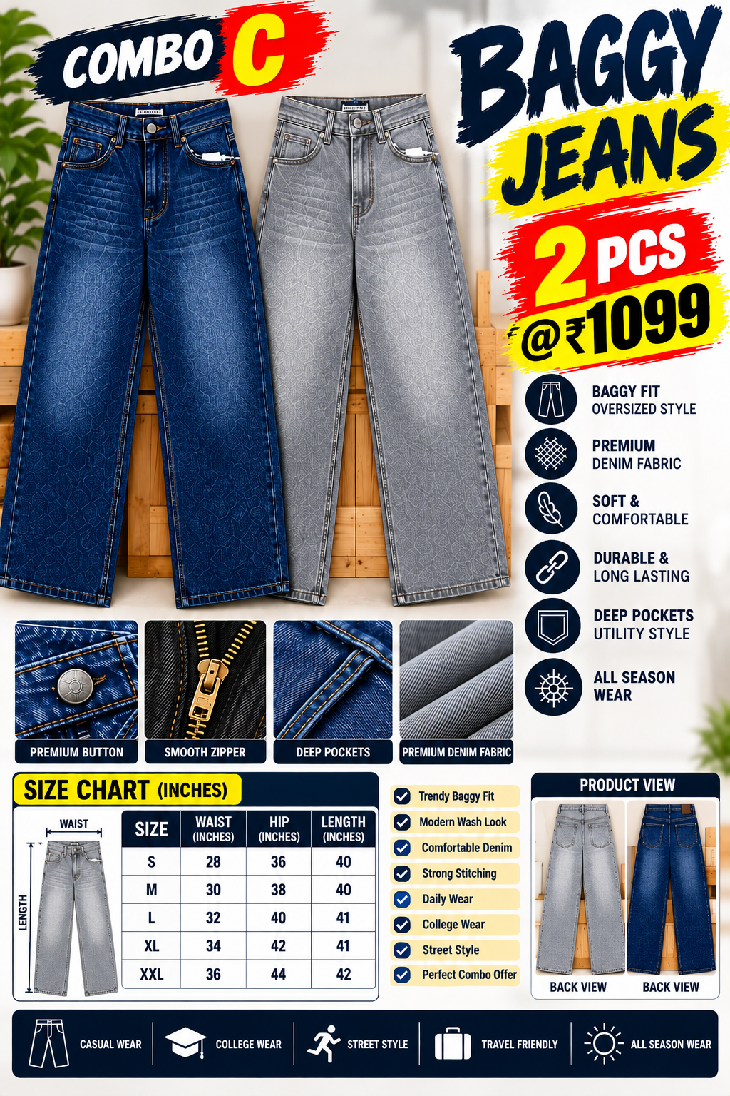 2 PCS  BAGGY JEANS