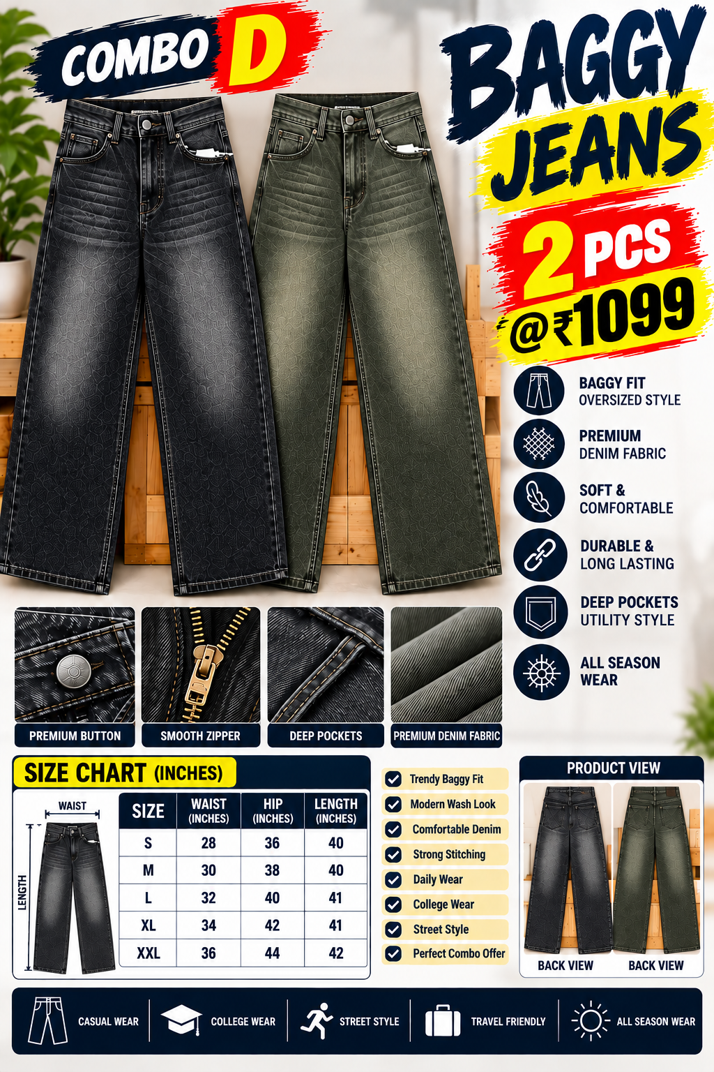 2 PCS  BAGGY JEANS