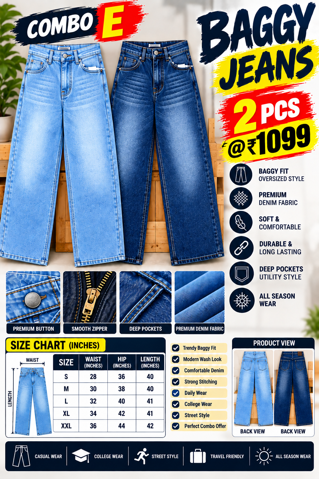 2 PCS  BAGGY JEANS