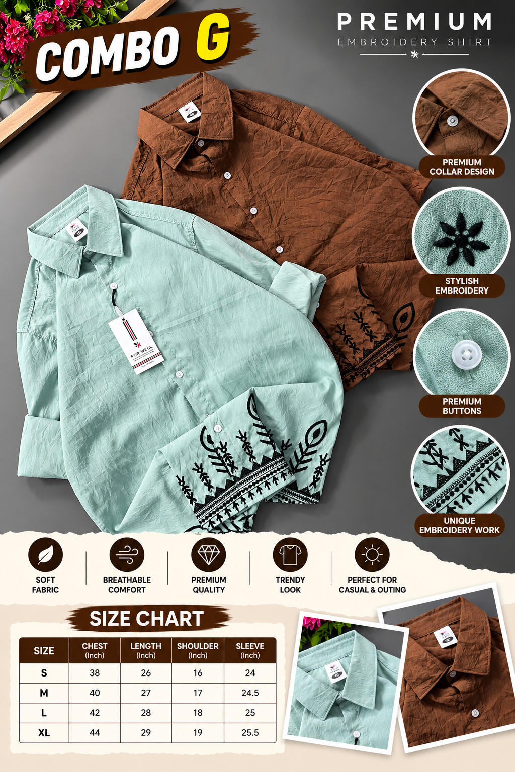 2 PCS  FLORAL CRINKLE EMBROIDERY SHIRT