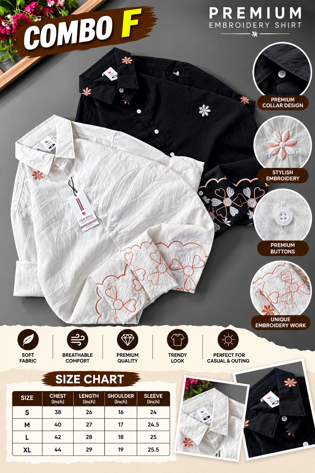 2 PCS  FLORAL CRINKLE EMBROIDERY SHIRT