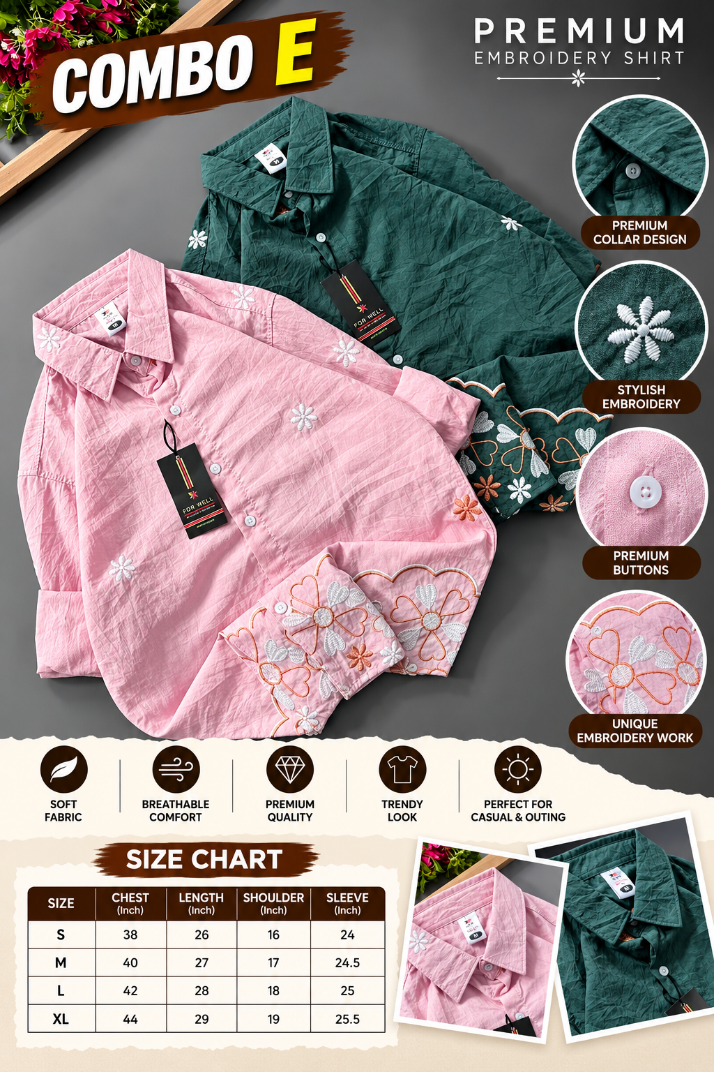 2 PCS  FLORAL CRINKLE EMBROIDERY SHIRT
