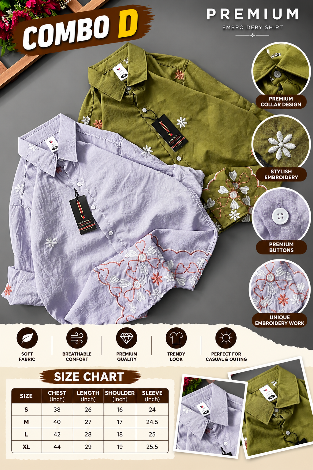 2 PCS  FLORAL CRINKLE EMBROIDERY SHIRT