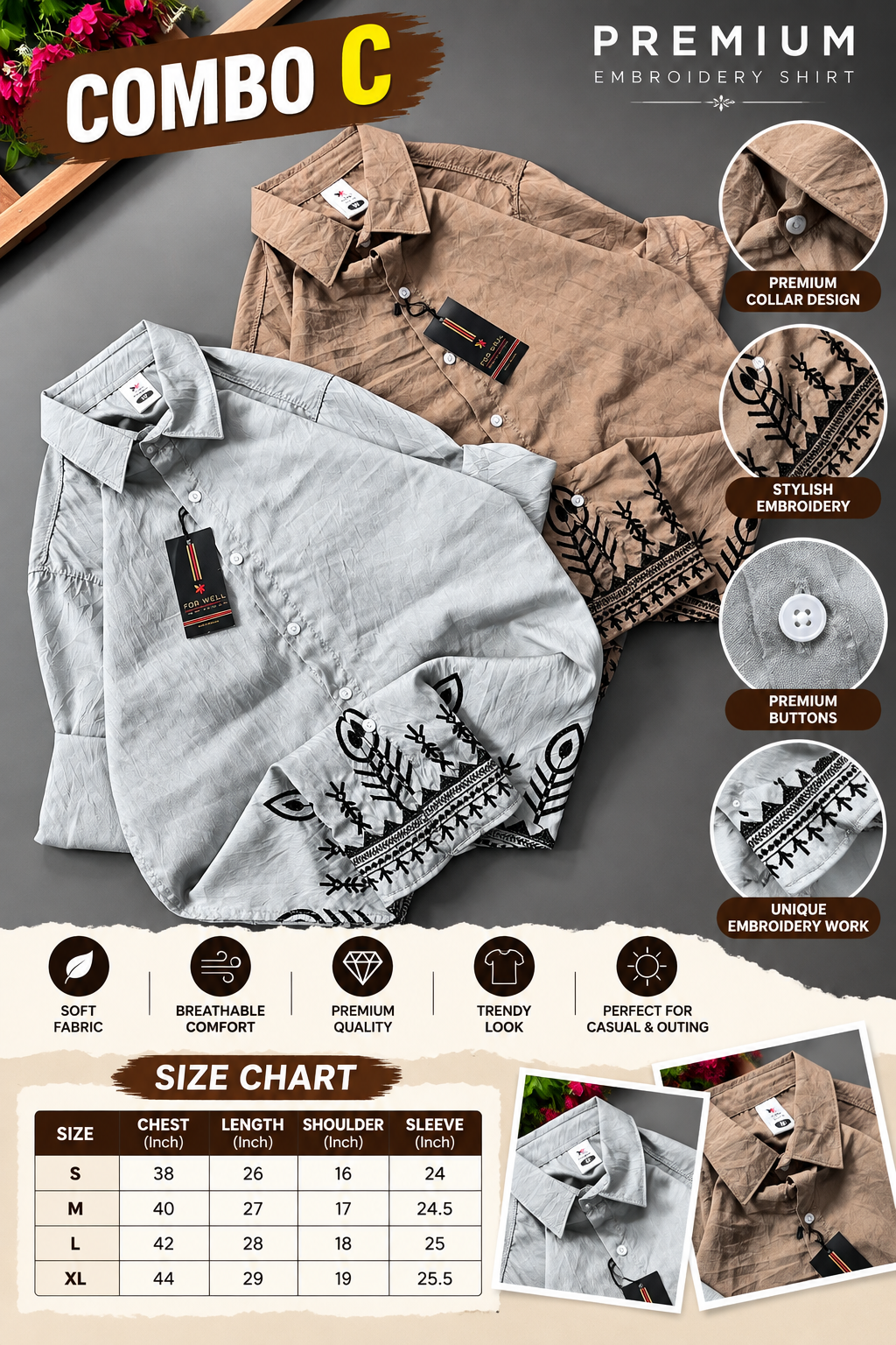2 PCS  FLORAL CRINKLE EMBROIDERY SHIRT