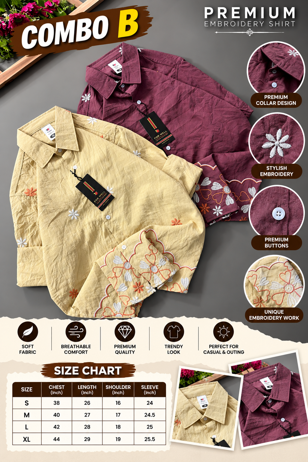 2 PCS  FLORAL CRINKLE EMBROIDERY SHIRT