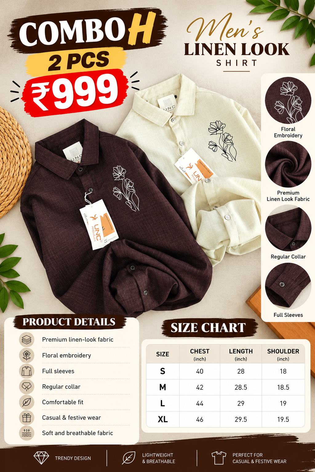 2 Pcs Men’s Embroidered Linen Shirt