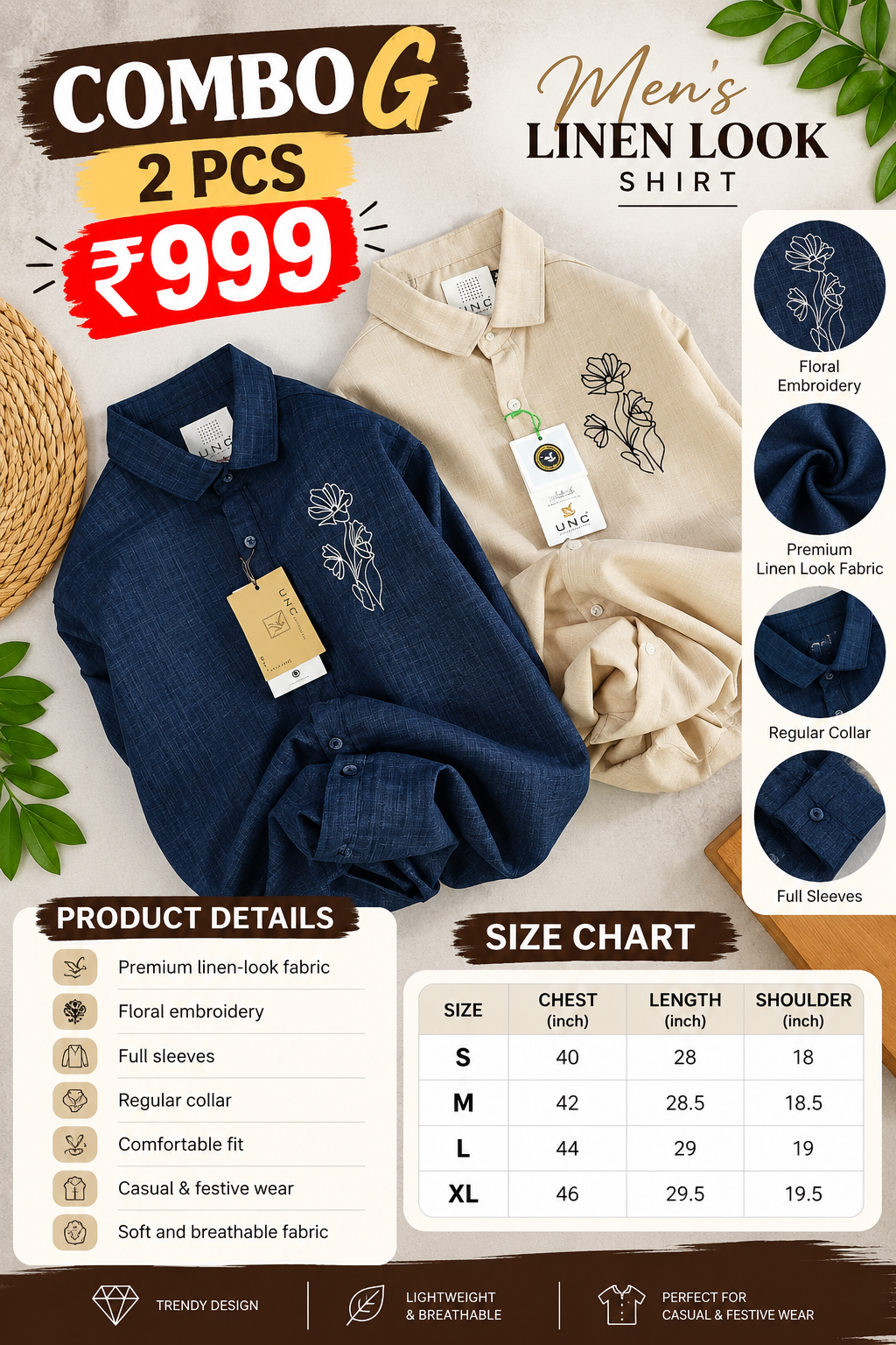 2 Pcs Men’s Embroidered Linen Shirt