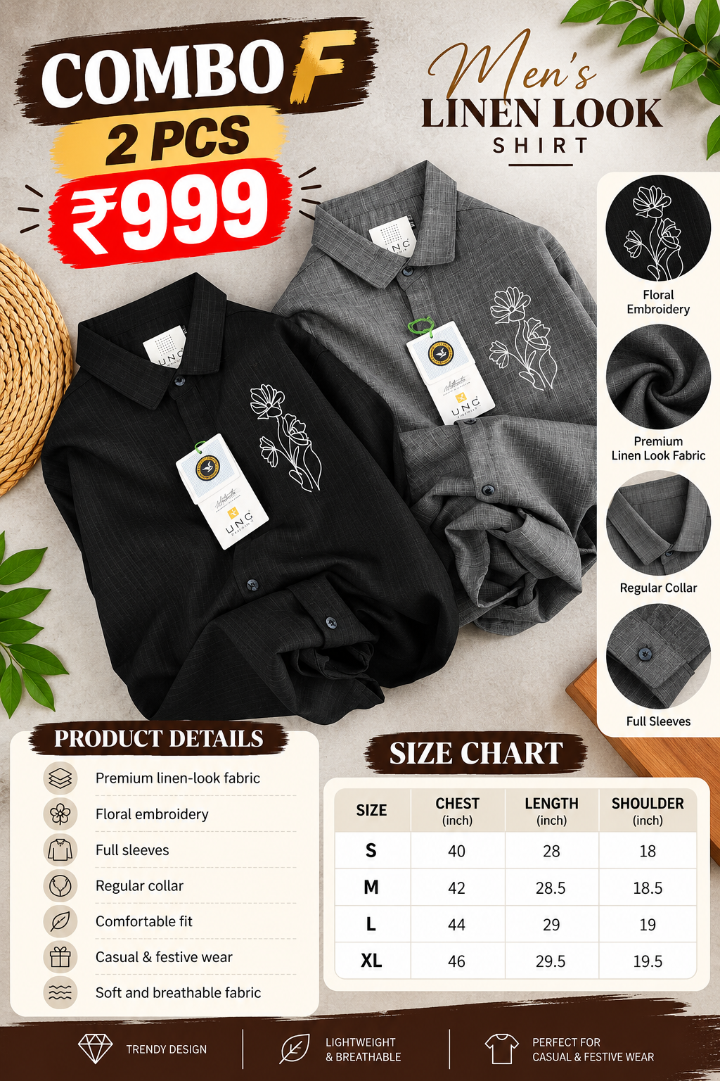 2 Pcs Men’s Embroidered Linen Shirt