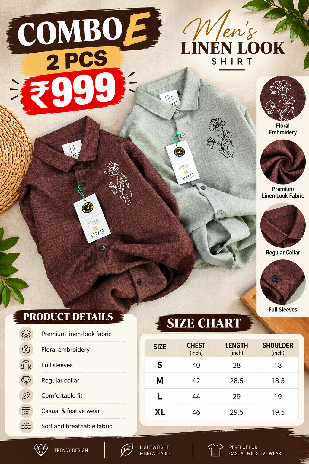 2 Pcs Men’s Embroidered Linen Shirt