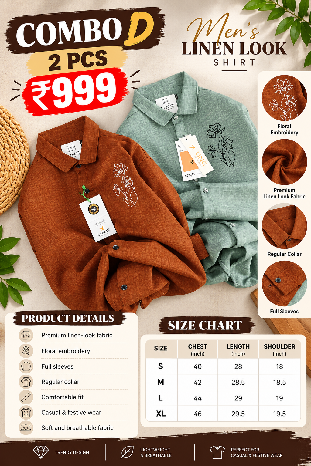 2 Pcs Men’s Embroidered Linen Shirt