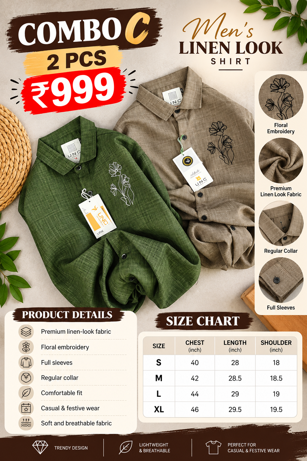 2 Pcs Men’s Embroidered Linen Shirt