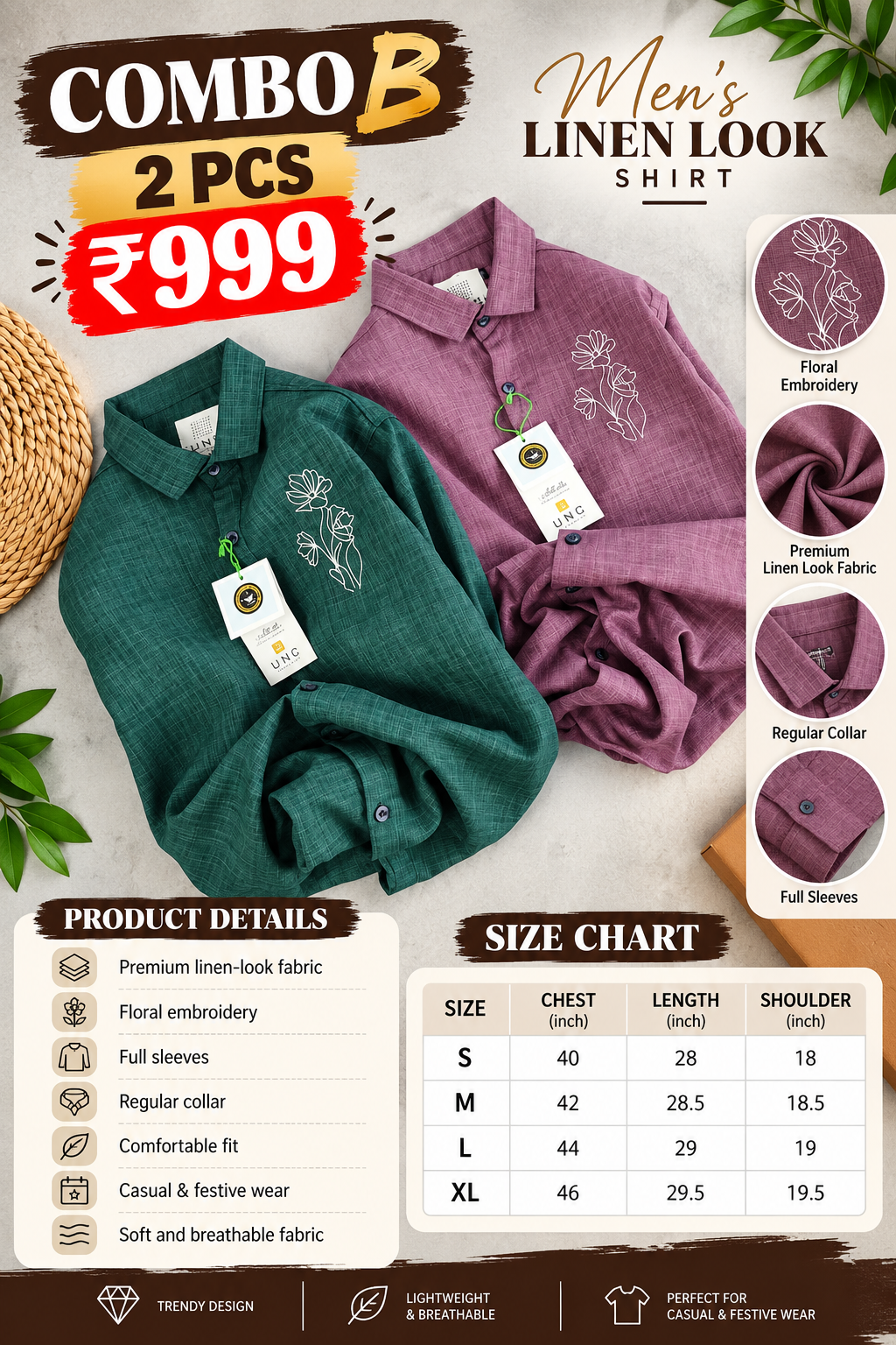 2 Pcs Men’s Embroidered Linen Shirt