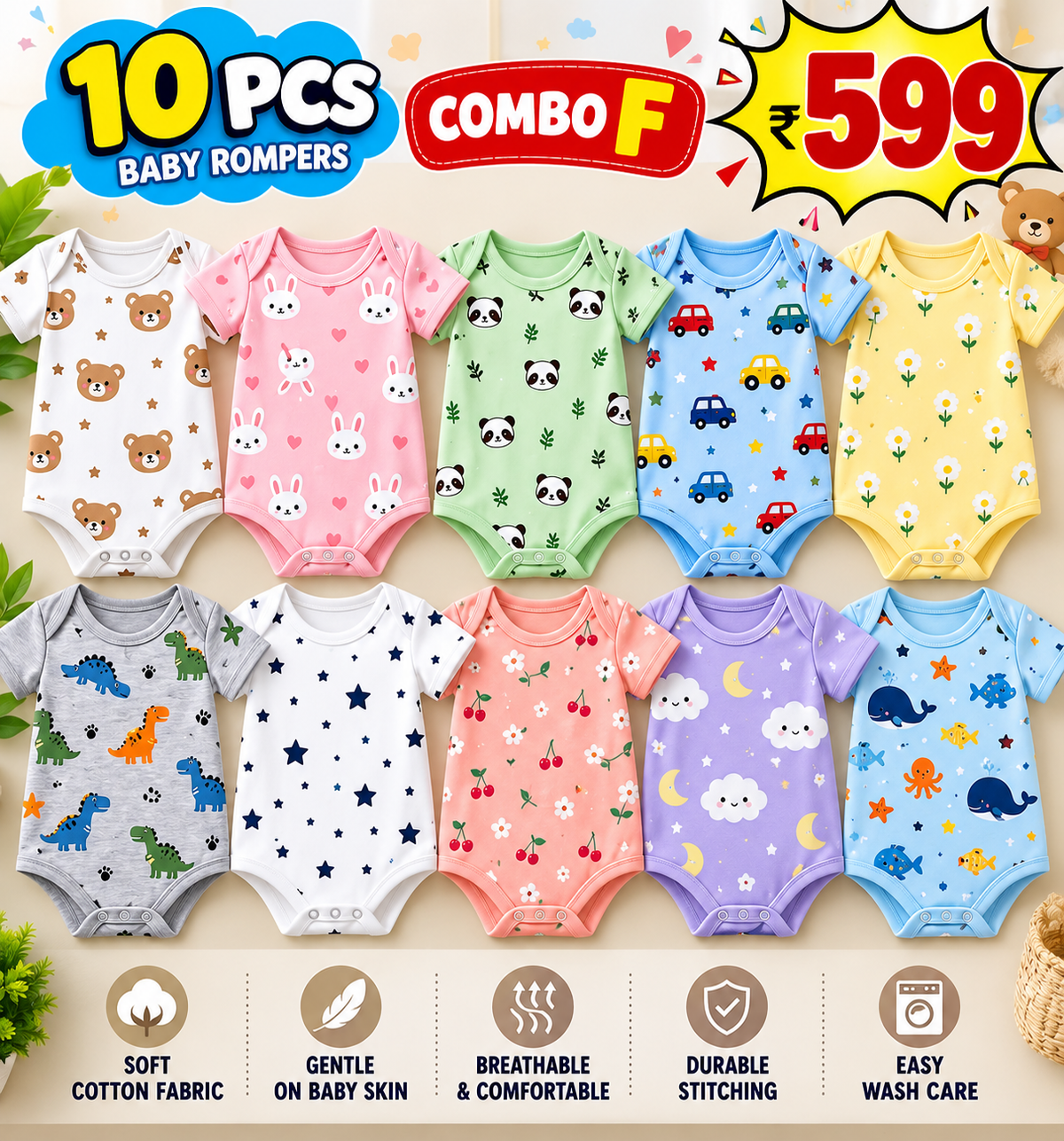 10 PCS BABY ROMPERS