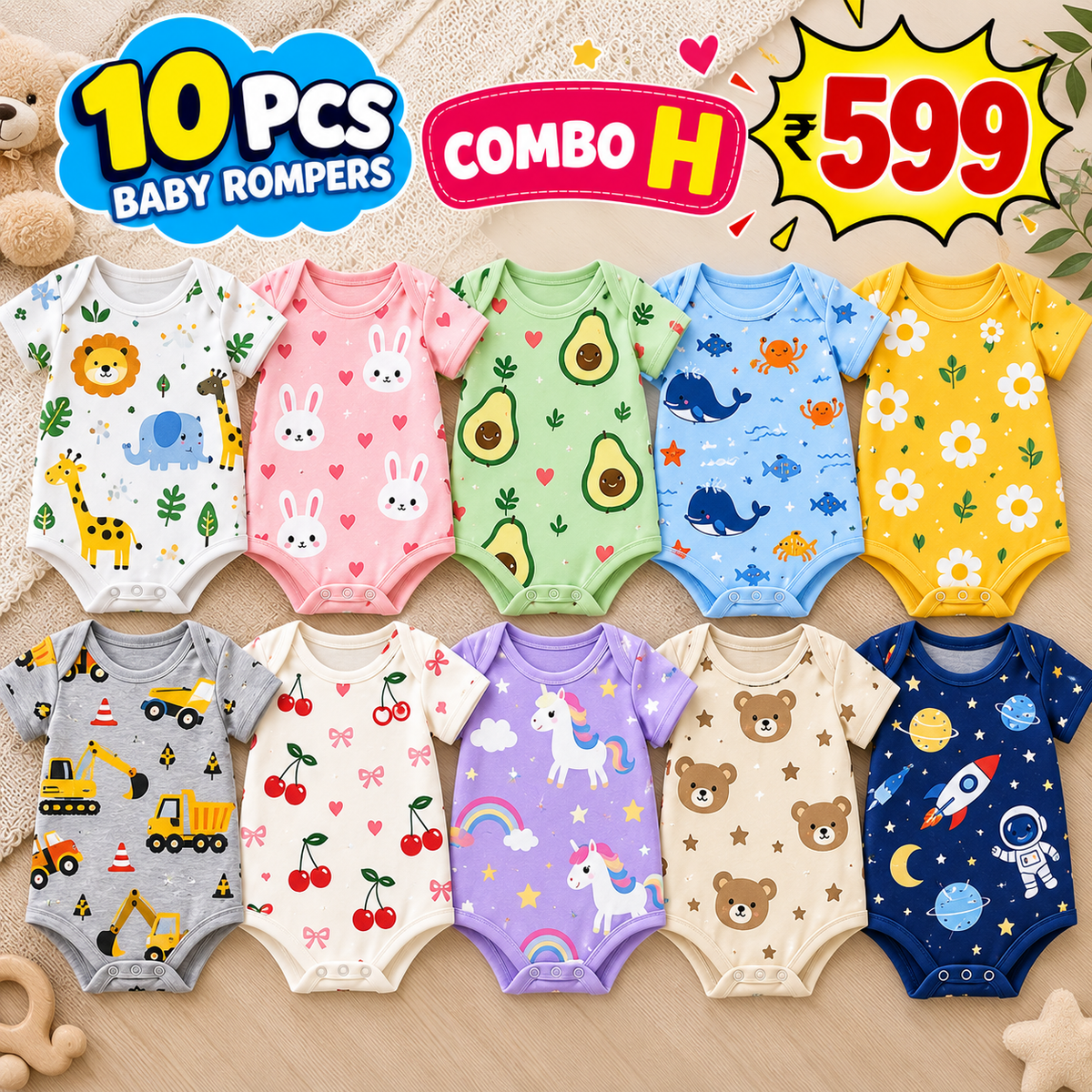 10 PCS BABY ROMPERS