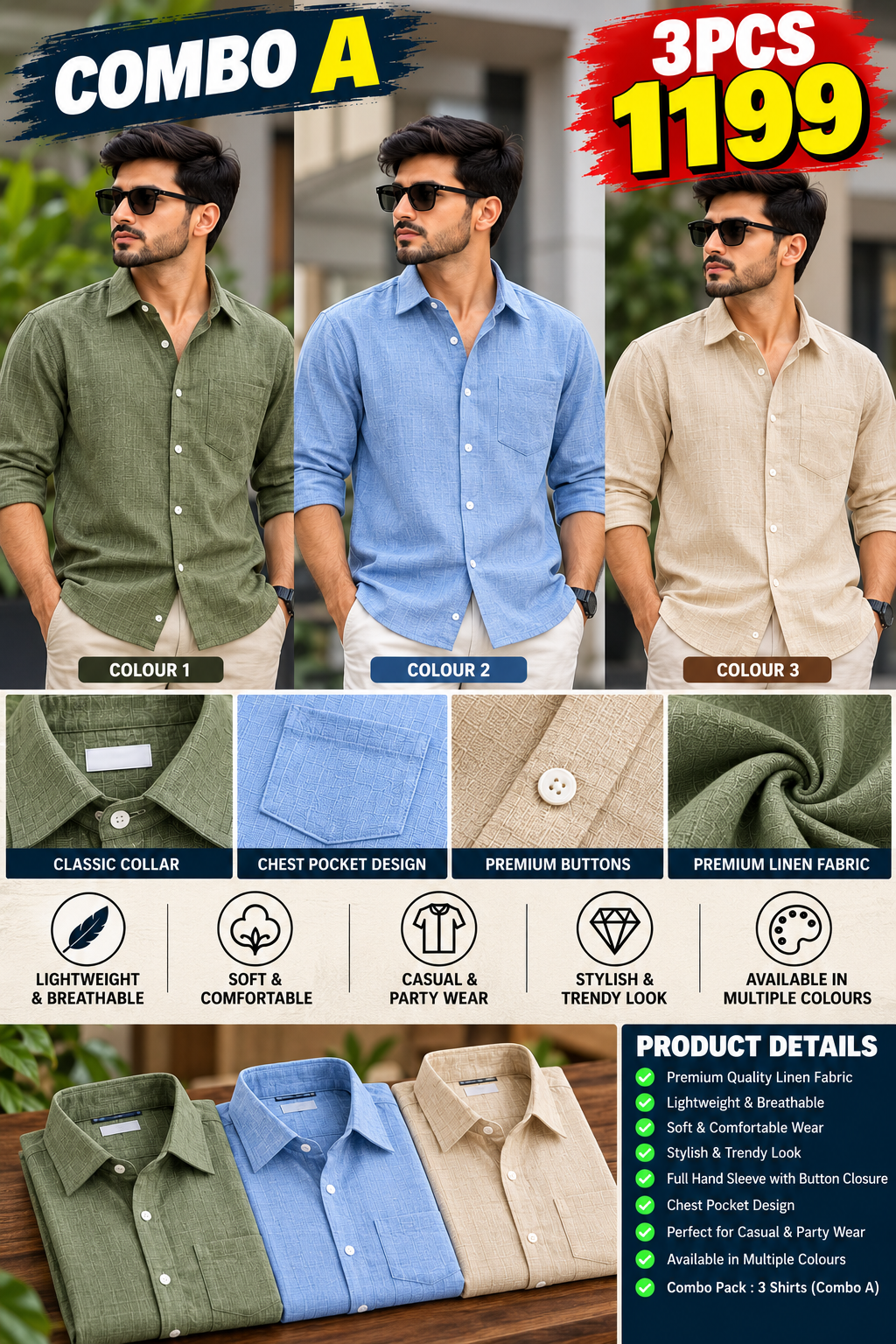 3 PCS 1199 LINEN SHIRT COMBO