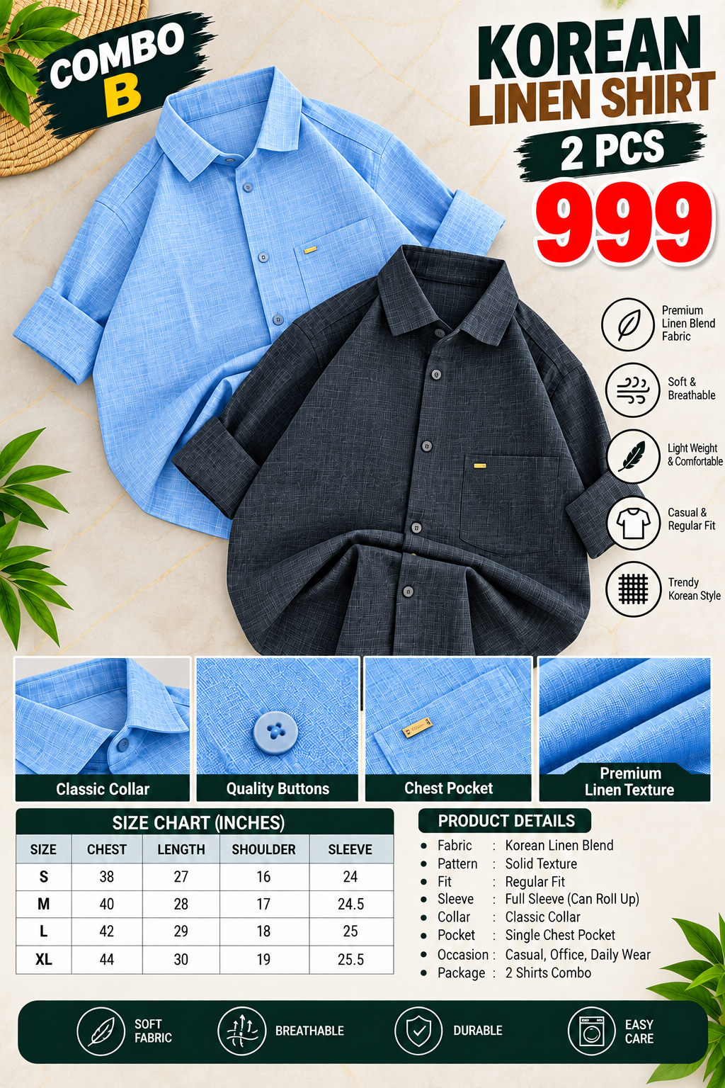2 PCS KOREAN LINEN SHIRT