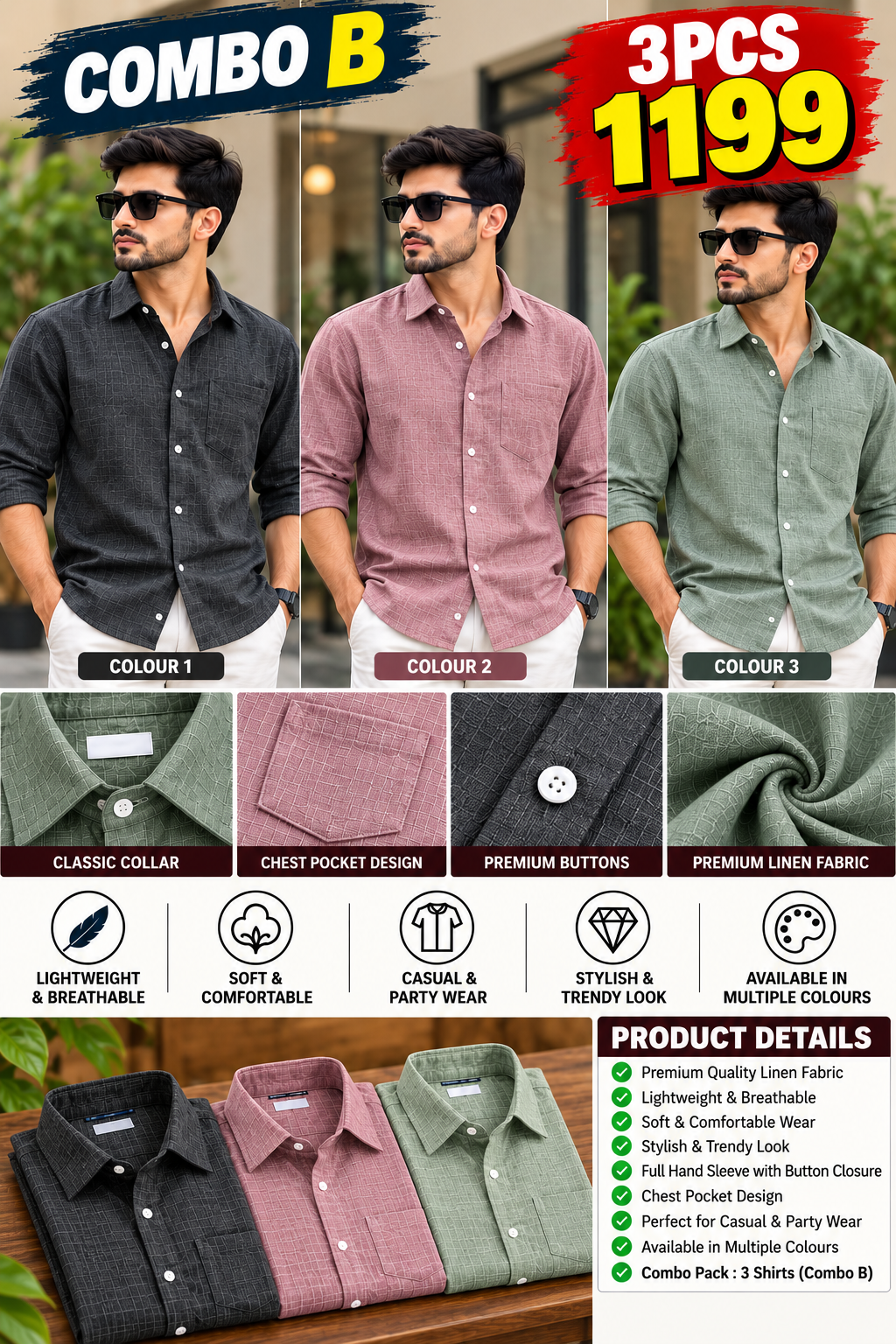 3 PCS 1199 LINEN SHIRT COMBO