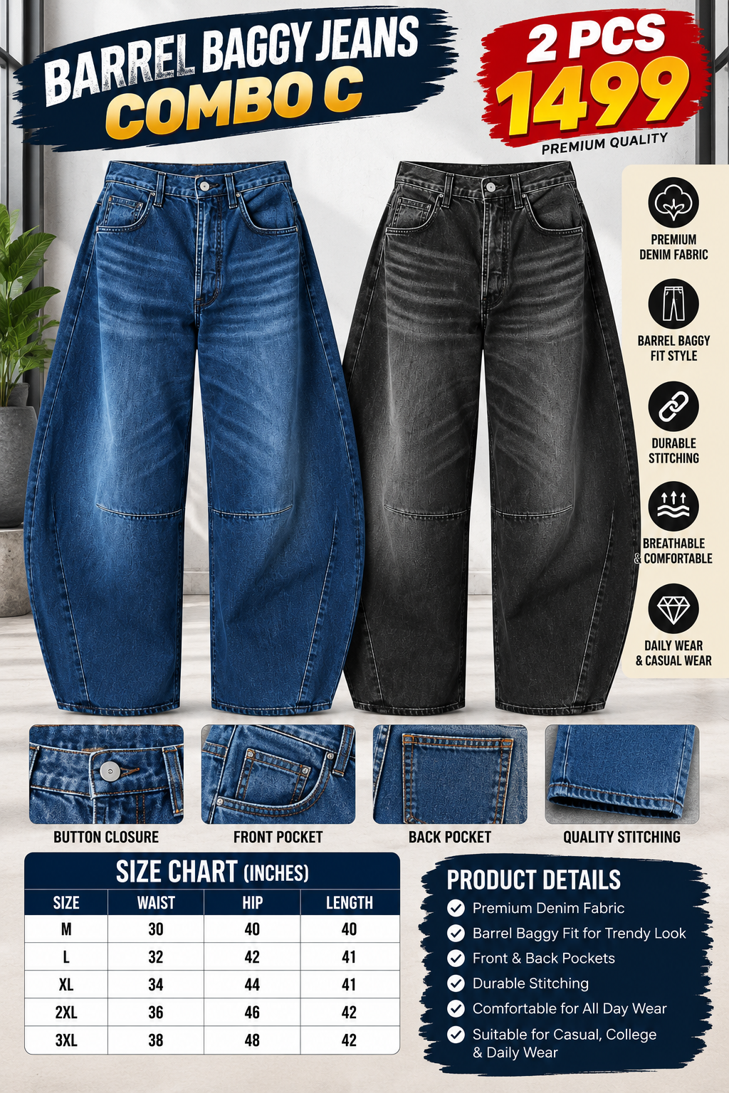 2 PCS BARREL BAGGY JEANS