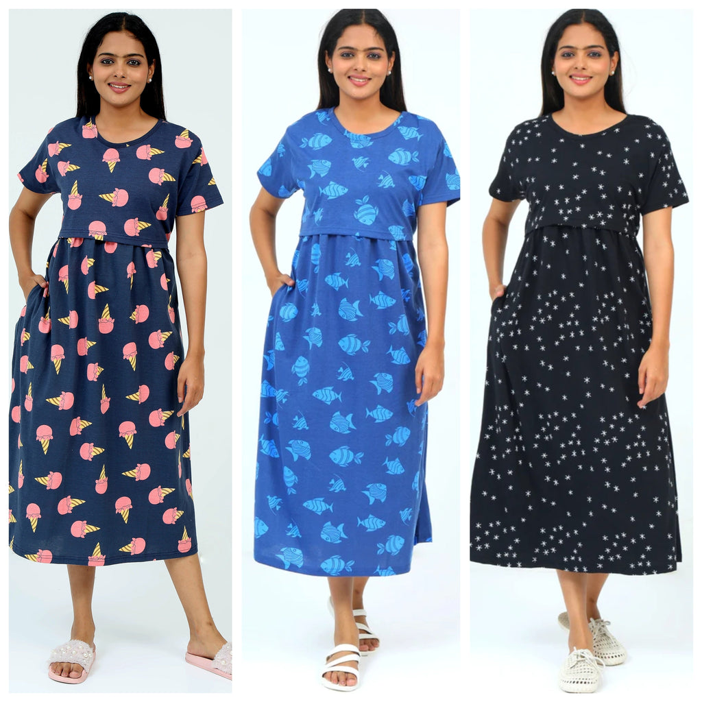 Women's Pure Cotton Maternity Gown/Maternity wear/Feeding 3 pieces