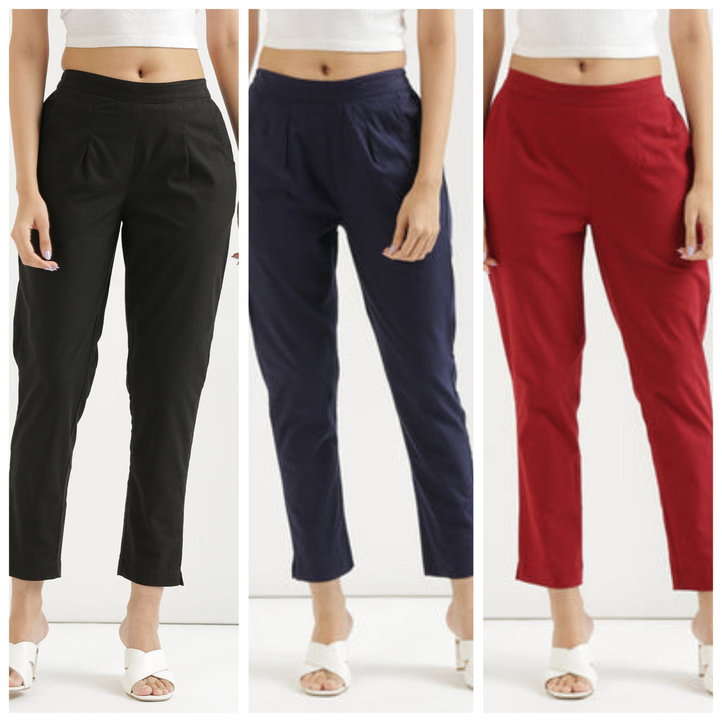 3 piece Women Cotton blended rayon Pant Half-Elasticated Waist Regular Slim Fit Trouser, Pocket Pants for Office School Formal Casual Daily Use