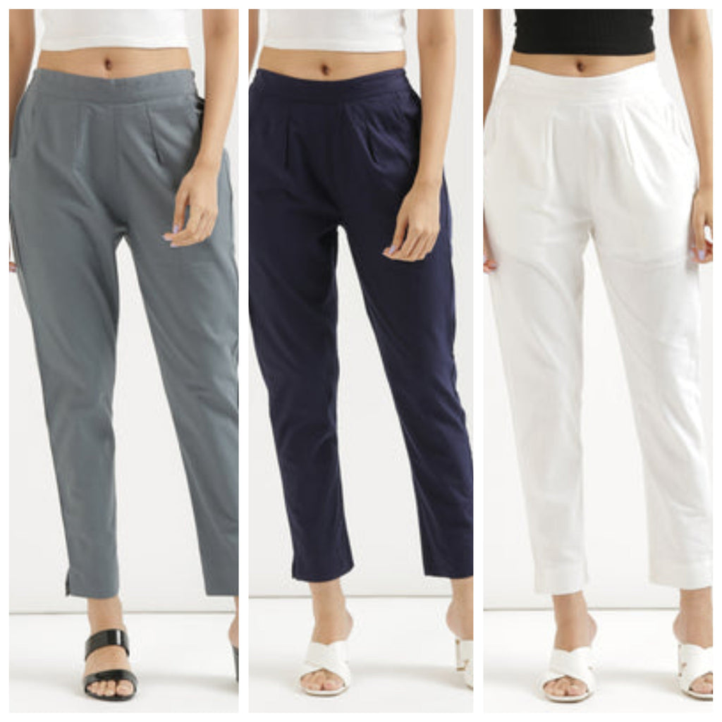 3 piece Women Cotton blended rayon Pant Half-Elasticated Waist Regular Slim Fit Trouser, Pocket Pants for Office School Formal Casual Daily Use
