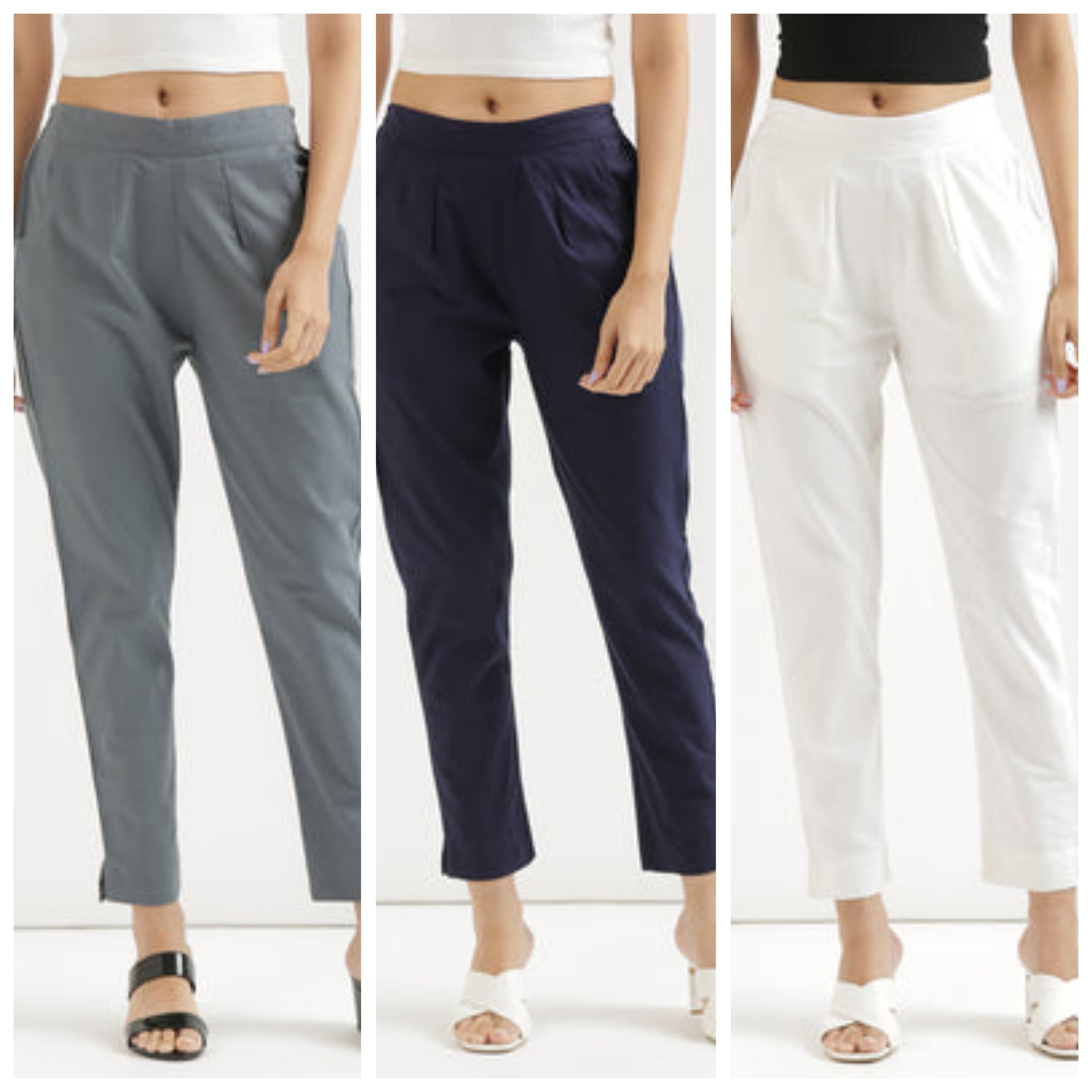 Women Cotton Pant Elasticated Waist Regular Slim Fit Trouser, Pocket Pants for Office School Formal Casual Daily Use