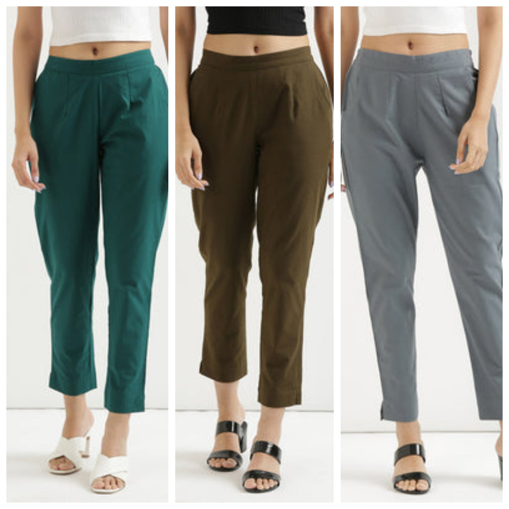 3 piece Women Cotton blended rayon Pant Half-Elasticated Waist Regular Slim Fit Trouser, Pocket Pants for Office School Formal Casual Daily Use