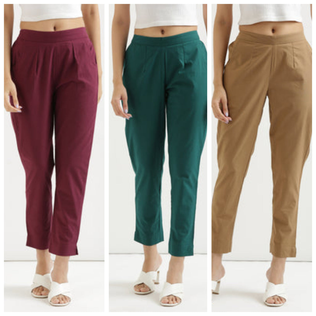 3 piece Women Cotton blended rayon Pant Half-Elasticated Waist Regular Slim Fit Trouser, Pocket Pants for Office School Formal Casual Daily Use
