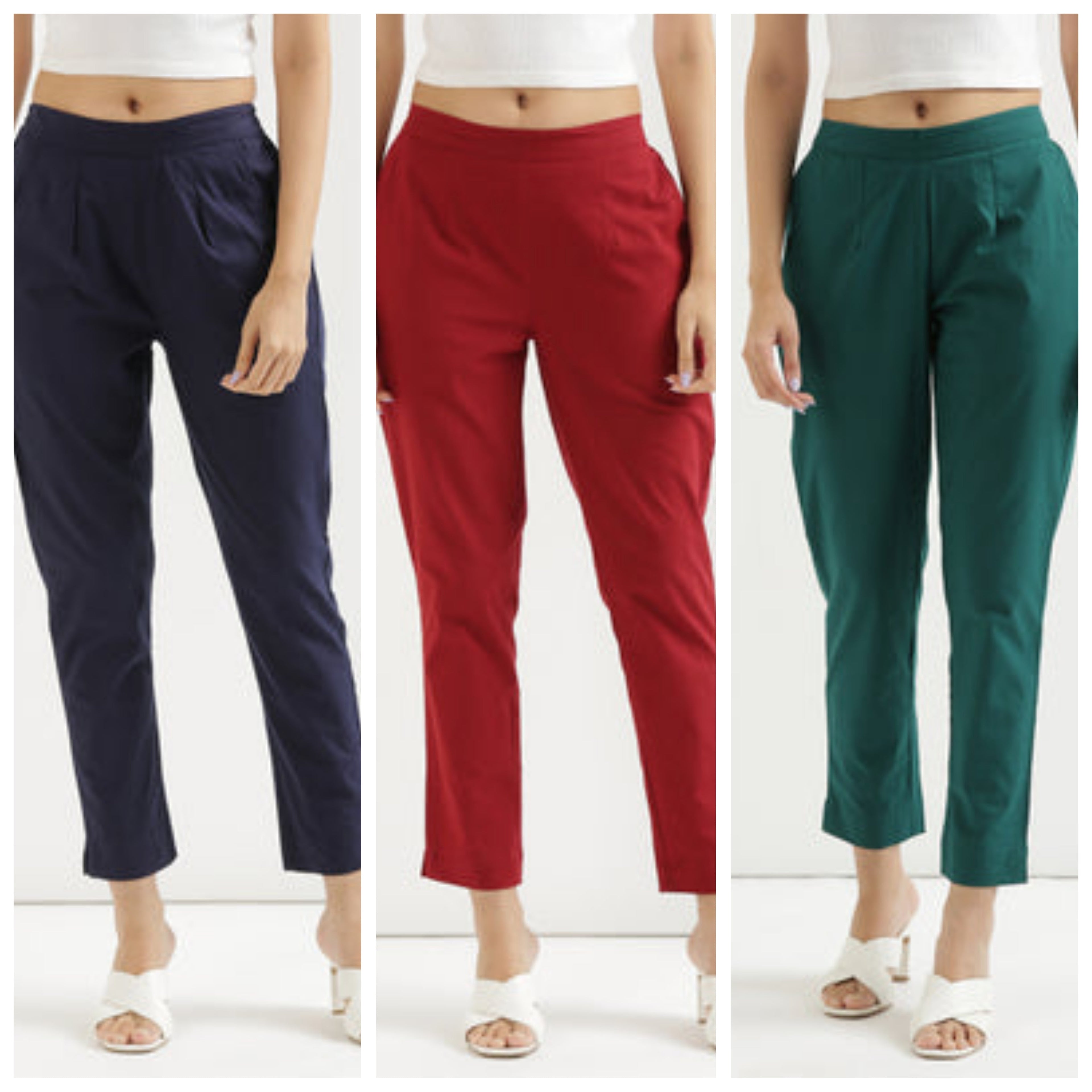 Women Cotton Pant Elasticated Waist Regular Slim Fit Trouser, Pocket Pants for Office School Formal Casual Daily Use (Copy)