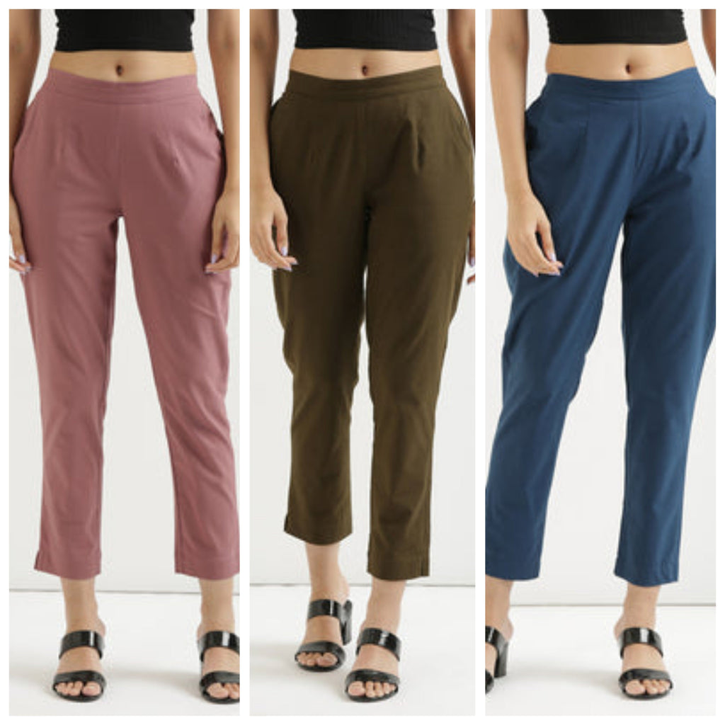 3 piece Women Cotton blended rayon Pant Half-Elasticated Waist Regular Slim Fit Trouser, Pocket Pants for Office School Formal Casual Daily Use