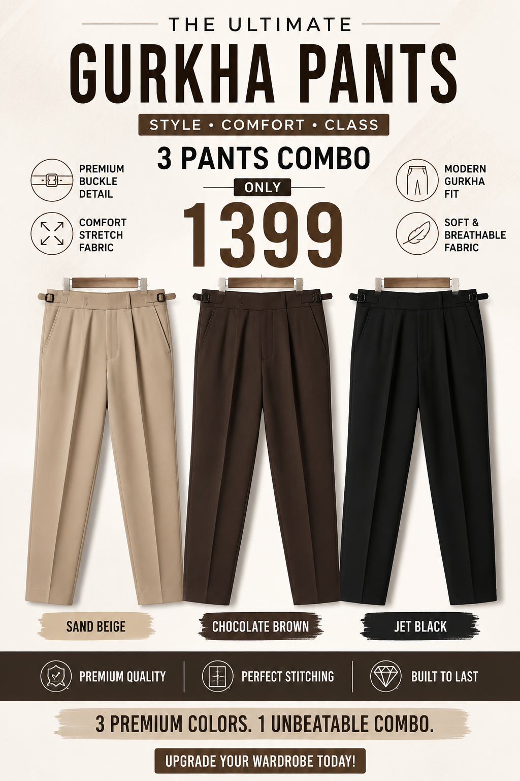3 Gurkha Fit Premium Office Pants