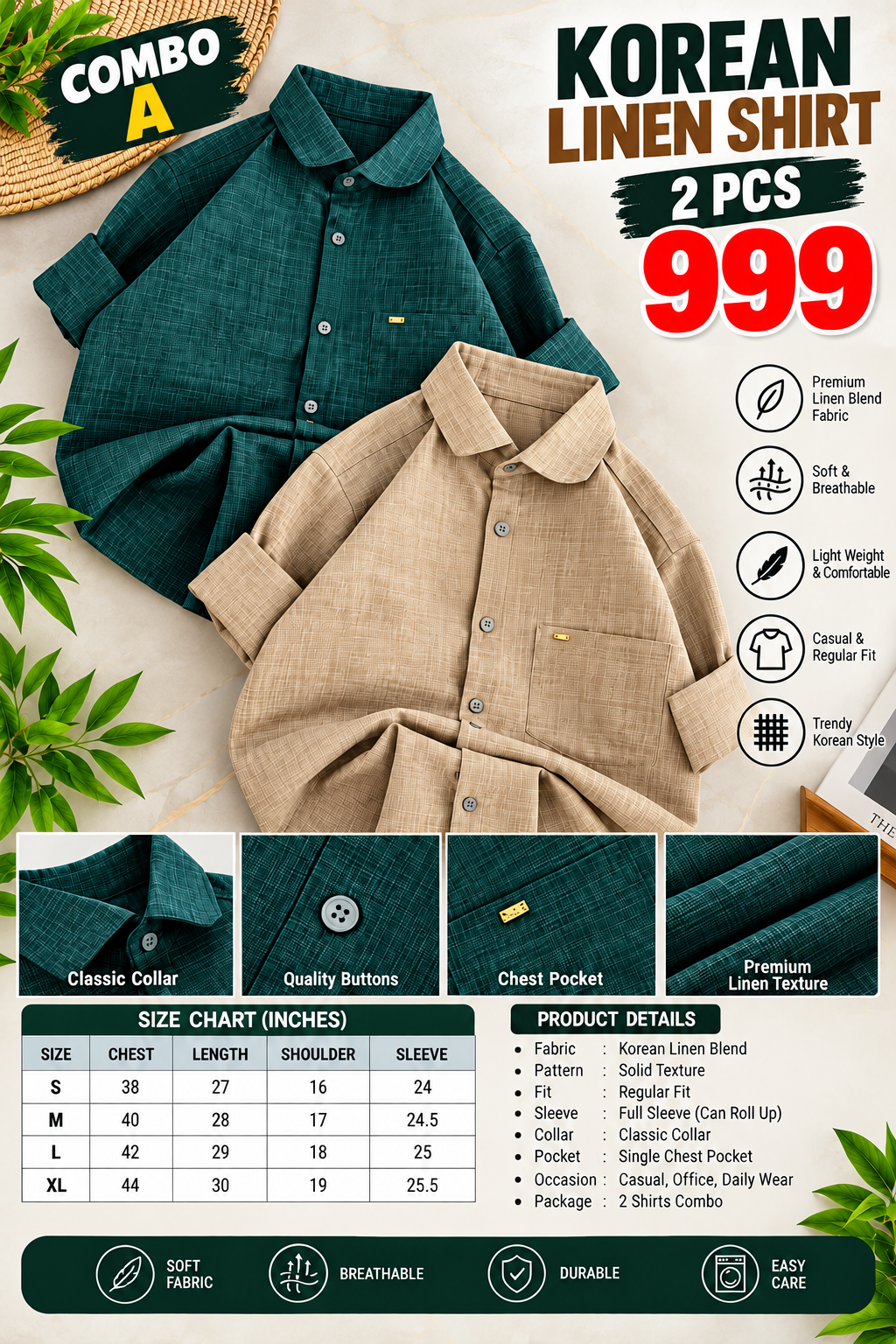 2 PCS KOREAN LINEN SHIRT