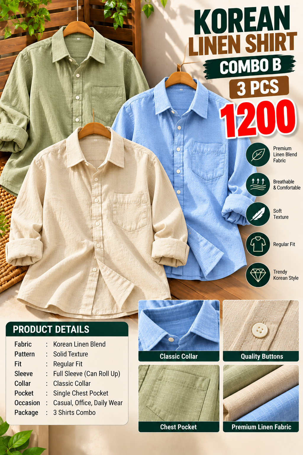 3 PCS KOREAN LINEN SHIRT