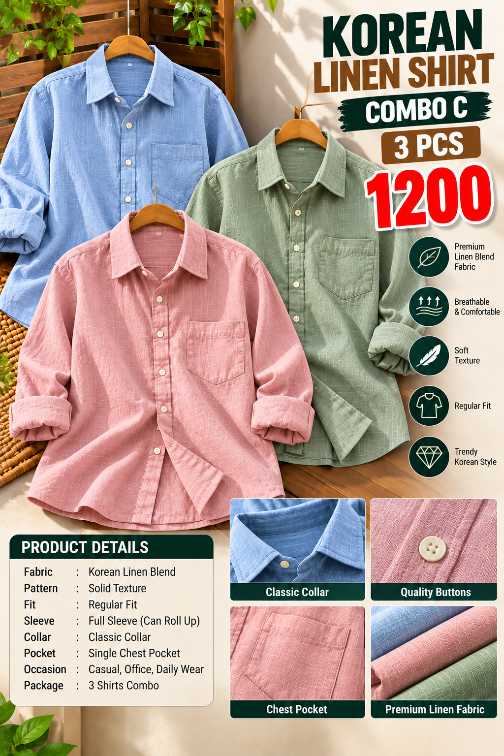 3 PCS KOREAN LINEN SHIRT