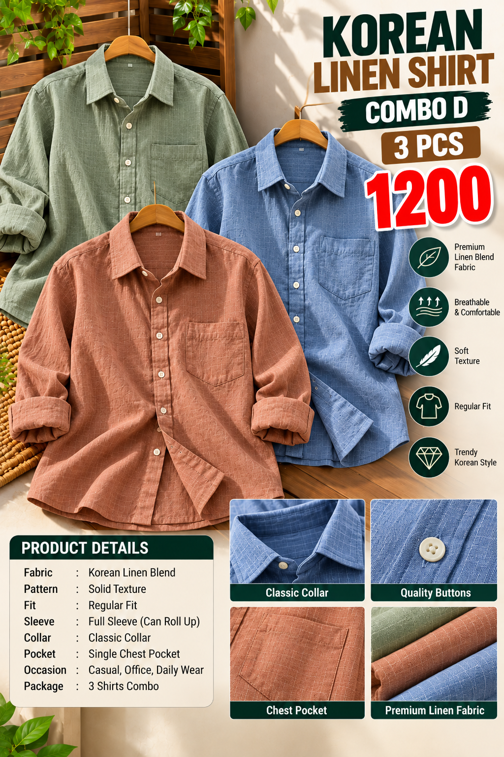 3 PCS KOREAN LINEN SHIRT